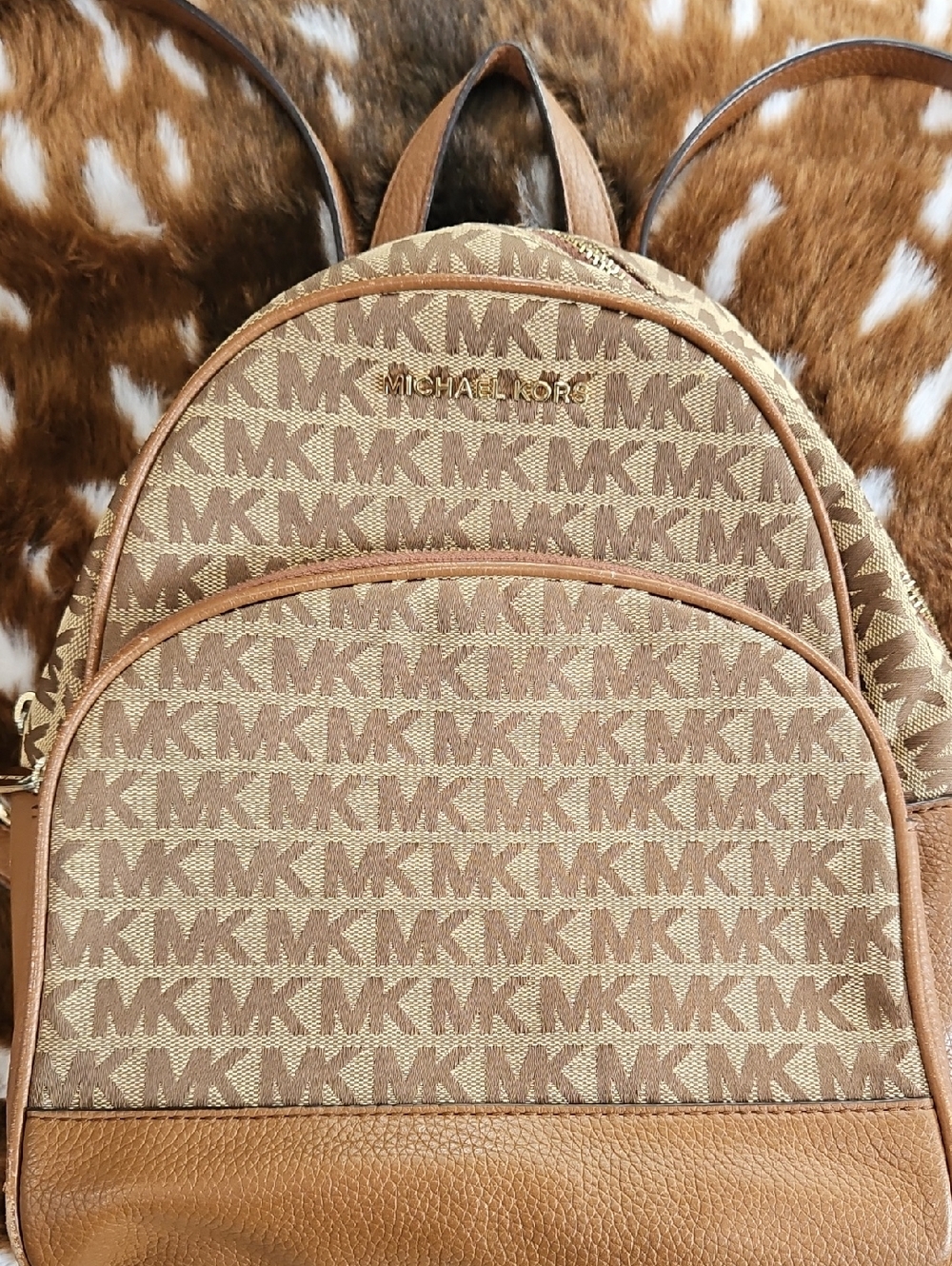 Michael Kors Tan MK Monogram Backpack with Leather Trim